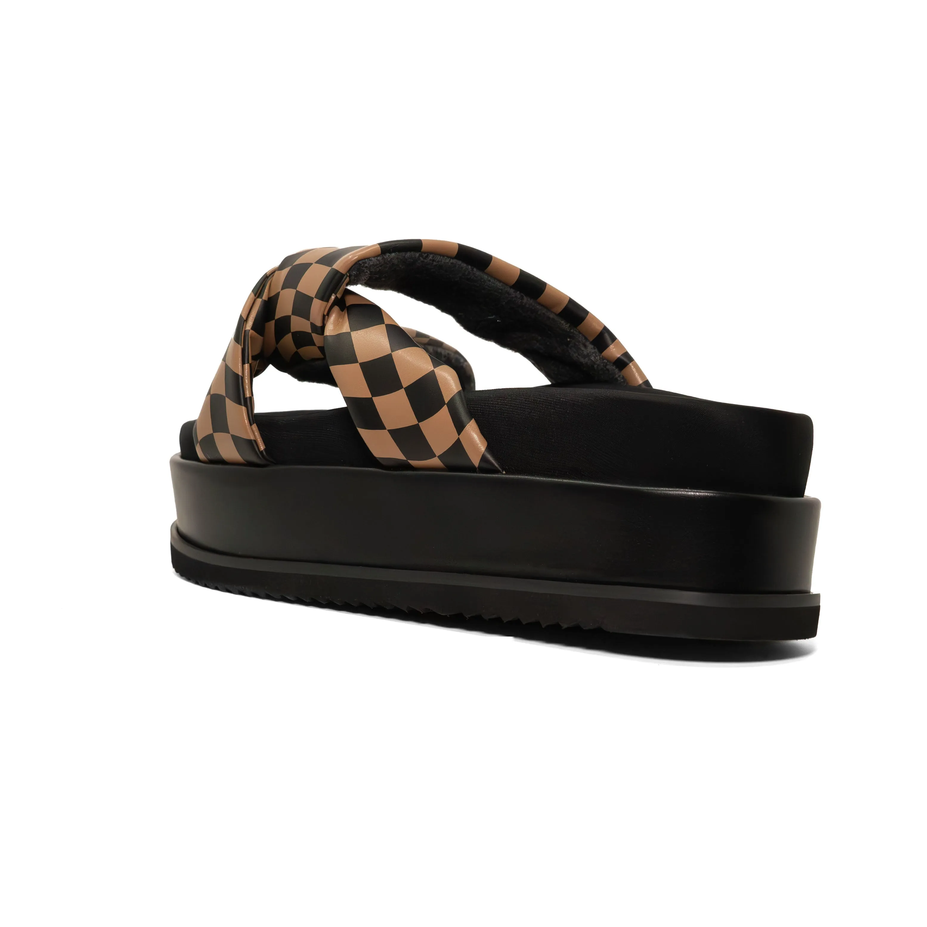ROAM WAVY CHECK SIDE SLIP STACK PLATFORM BLACK & BEIGE VEGAN LEATHER