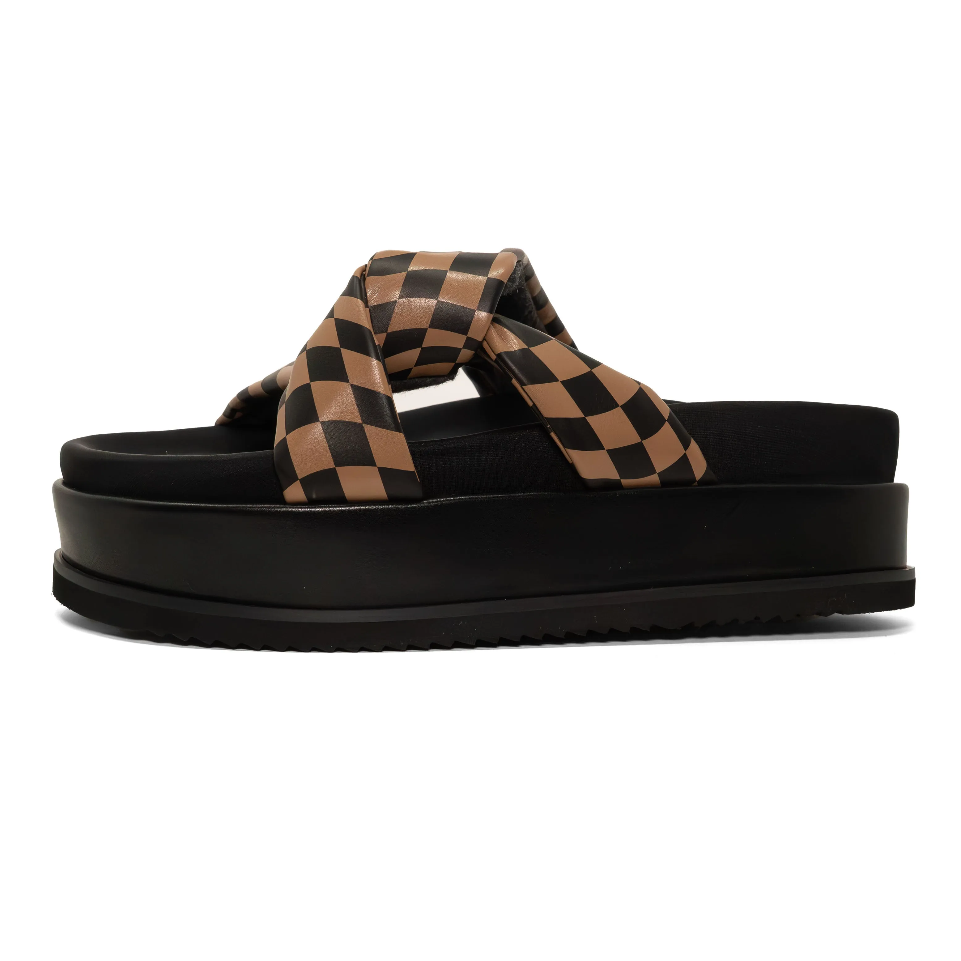 ROAM WAVY CHECK SIDE SLIP STACK PLATFORM BLACK & BEIGE VEGAN LEATHER
