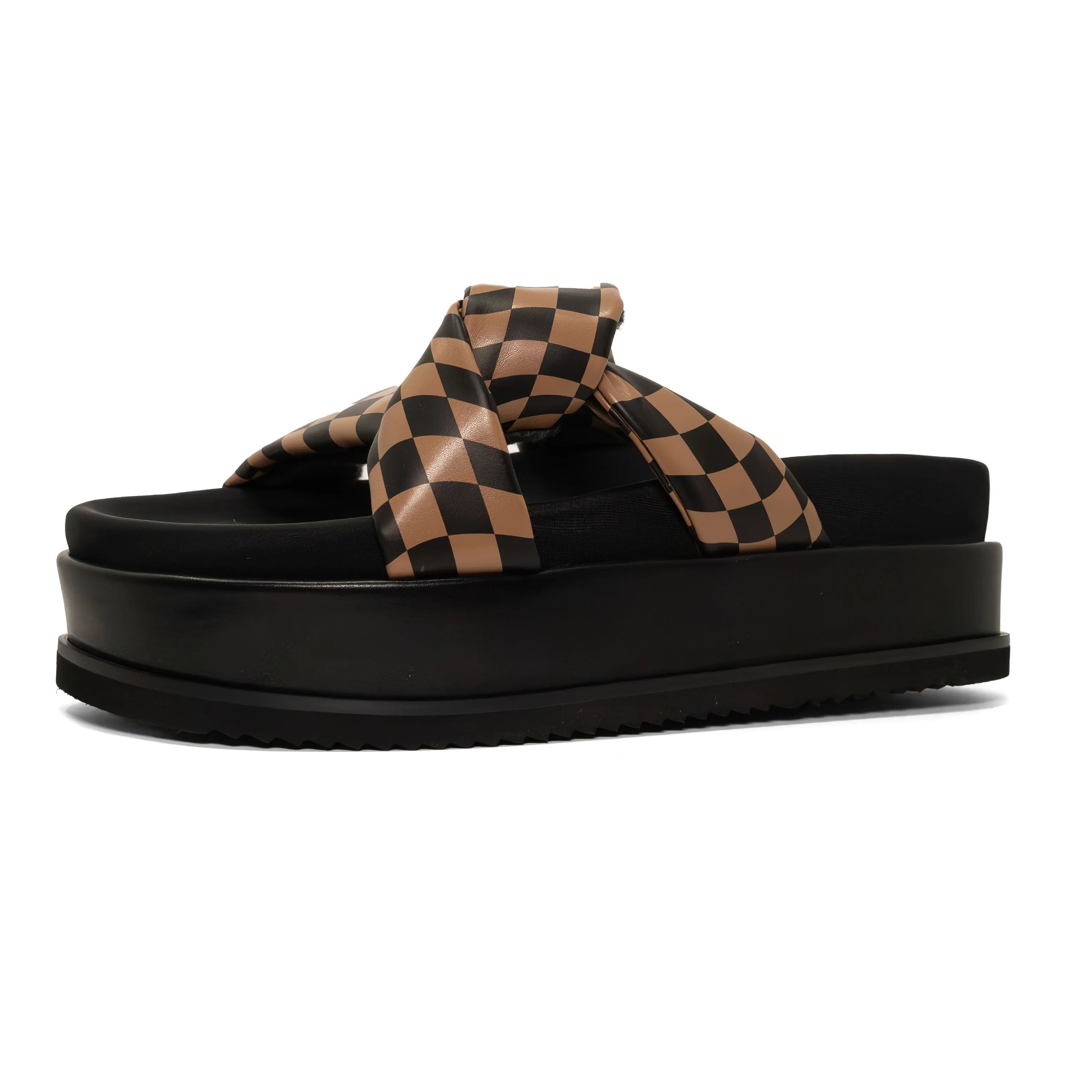 ROAM WAVY CHECK SIDE SLIP STACK PLATFORM BLACK & BEIGE VEGAN LEATHER