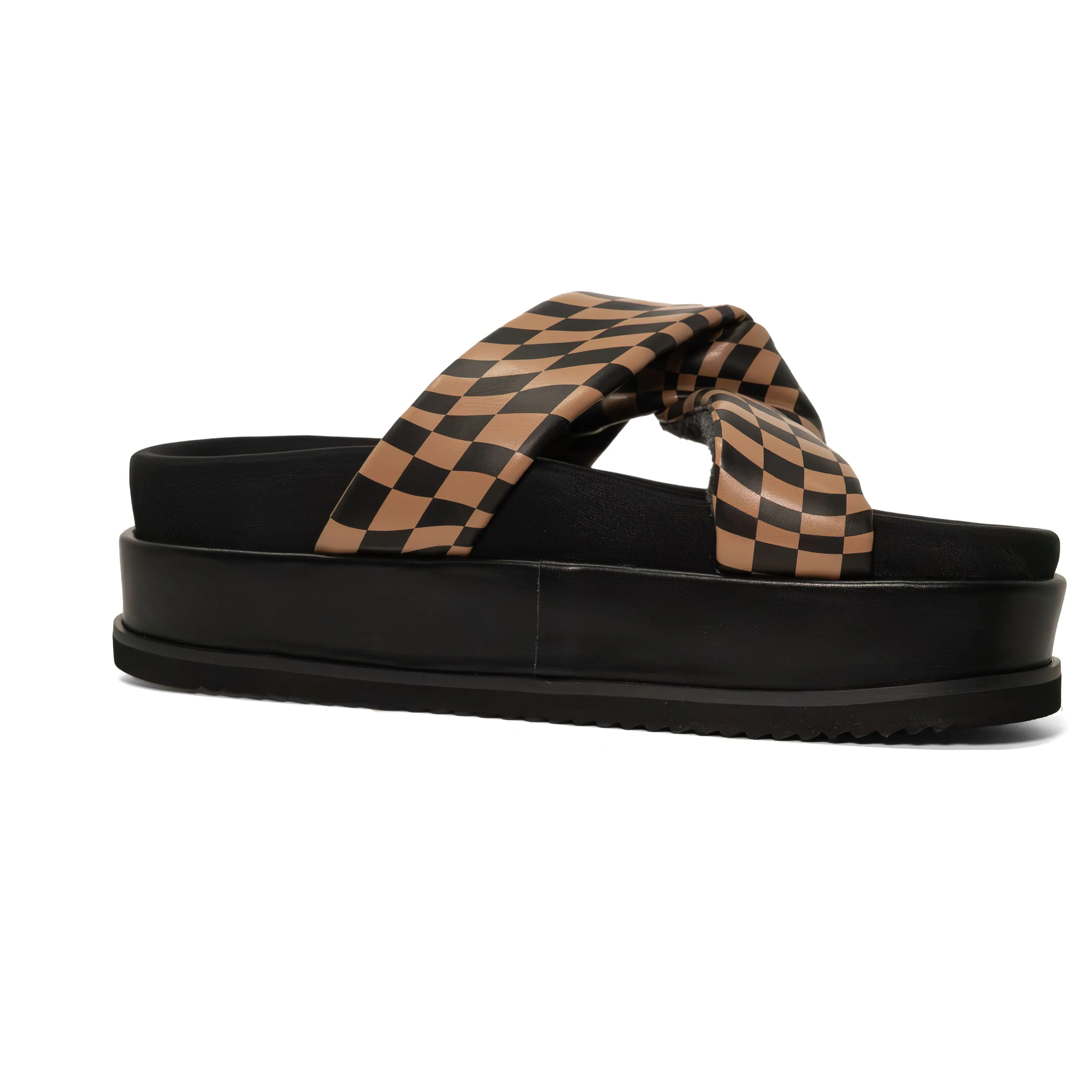 ROAM WAVY CHECK SIDE SLIP STACK PLATFORM BLACK & BEIGE VEGAN LEATHER