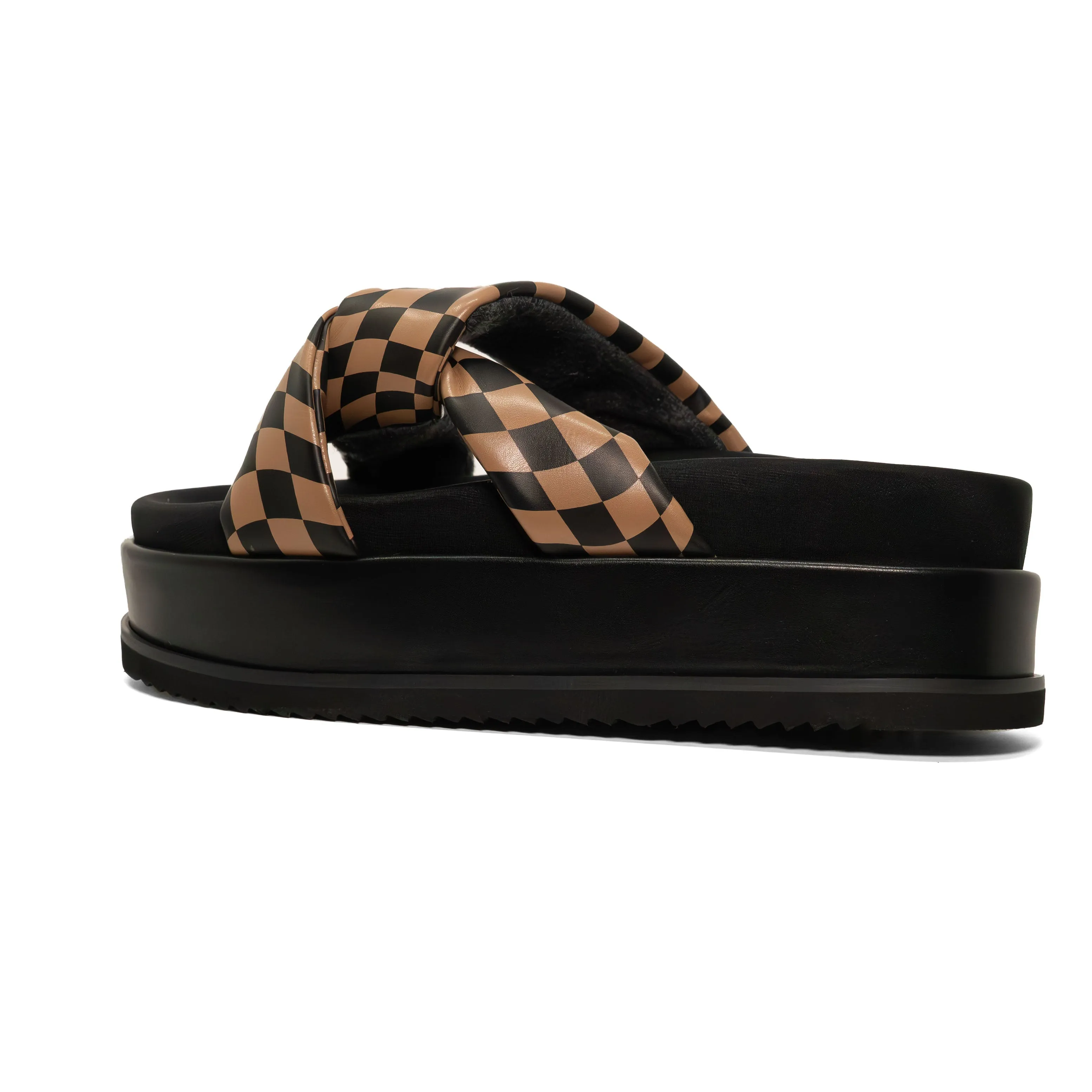 ROAM WAVY CHECK SIDE SLIP STACK PLATFORM BLACK & BEIGE VEGAN LEATHER