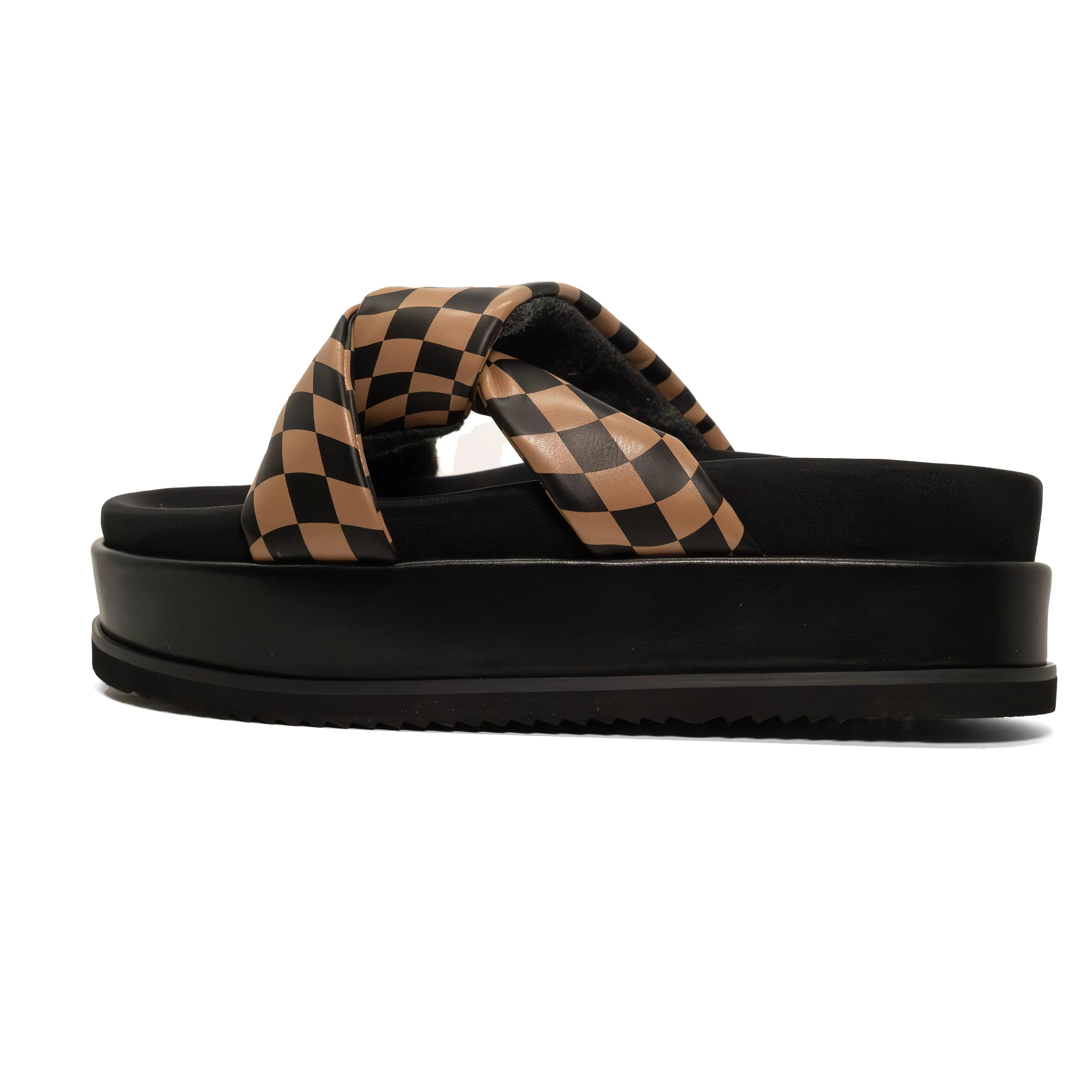 ROAM WAVY CHECK SIDE SLIP STACK PLATFORM BLACK & BEIGE VEGAN LEATHER