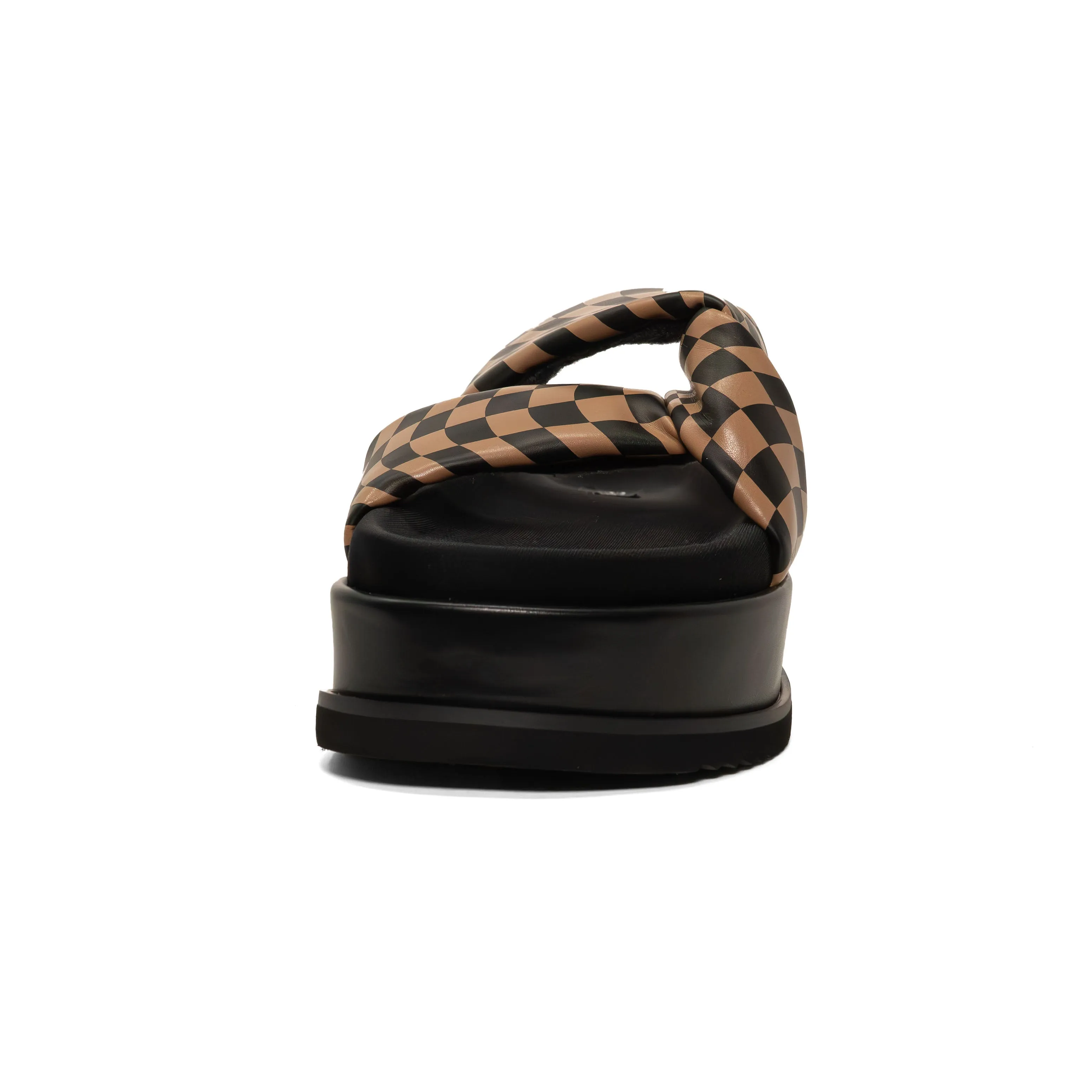 ROAM WAVY CHECK SIDE SLIP STACK PLATFORM BLACK & BEIGE VEGAN LEATHER