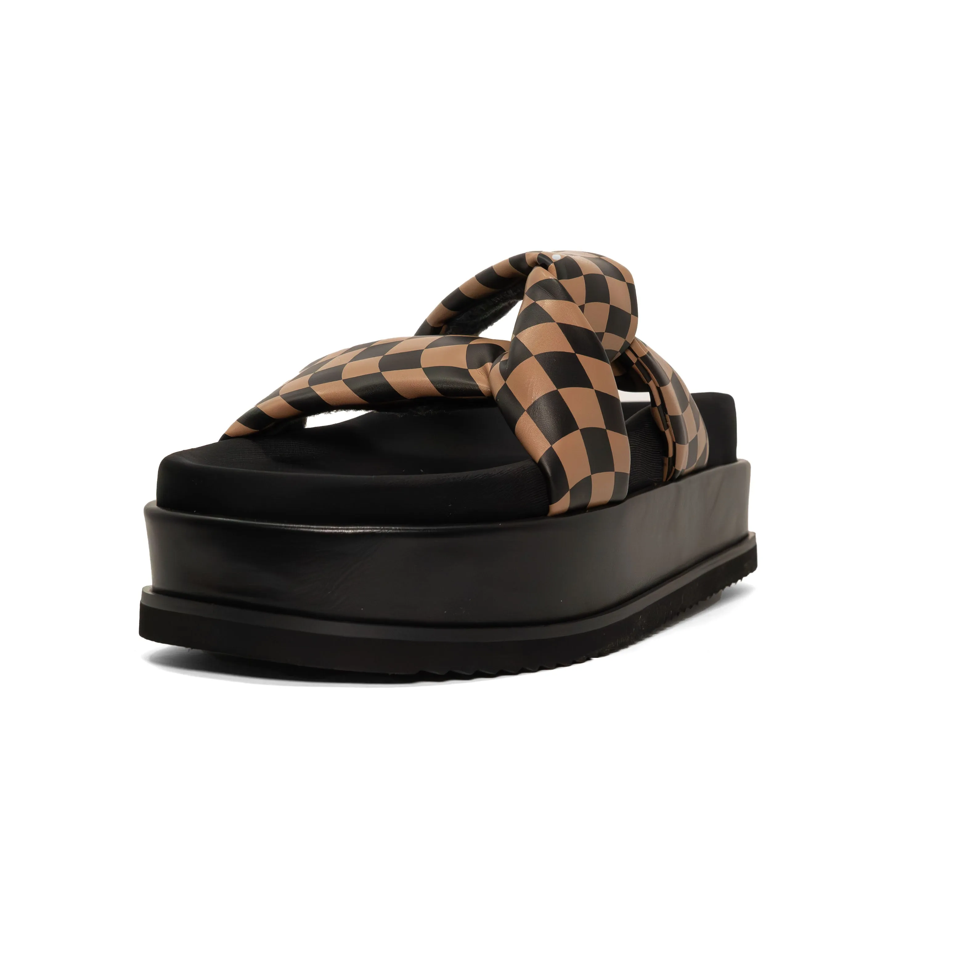 ROAM WAVY CHECK SIDE SLIP STACK PLATFORM BLACK & BEIGE VEGAN LEATHER