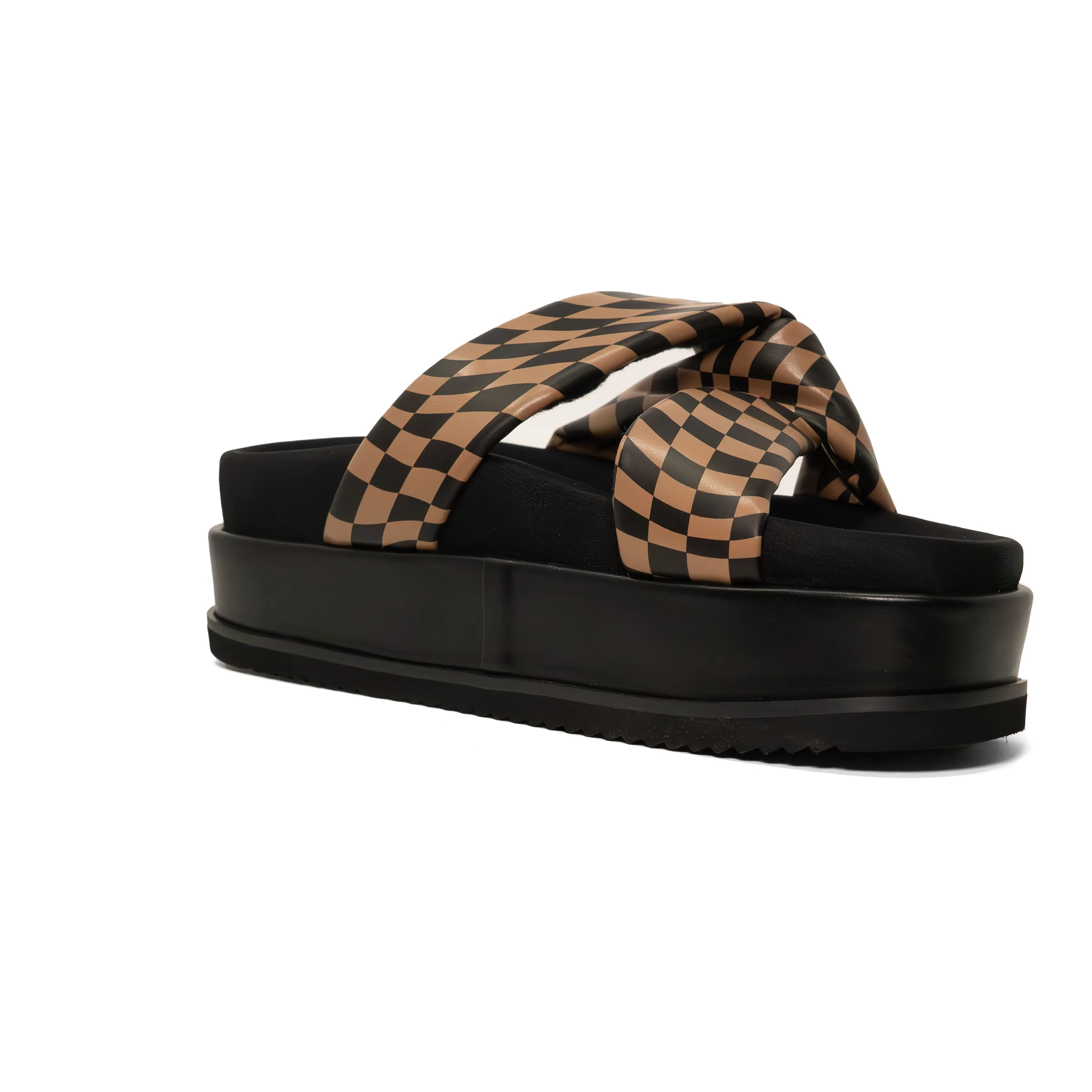 ROAM WAVY CHECK SIDE SLIP STACK PLATFORM BLACK & BEIGE VEGAN LEATHER