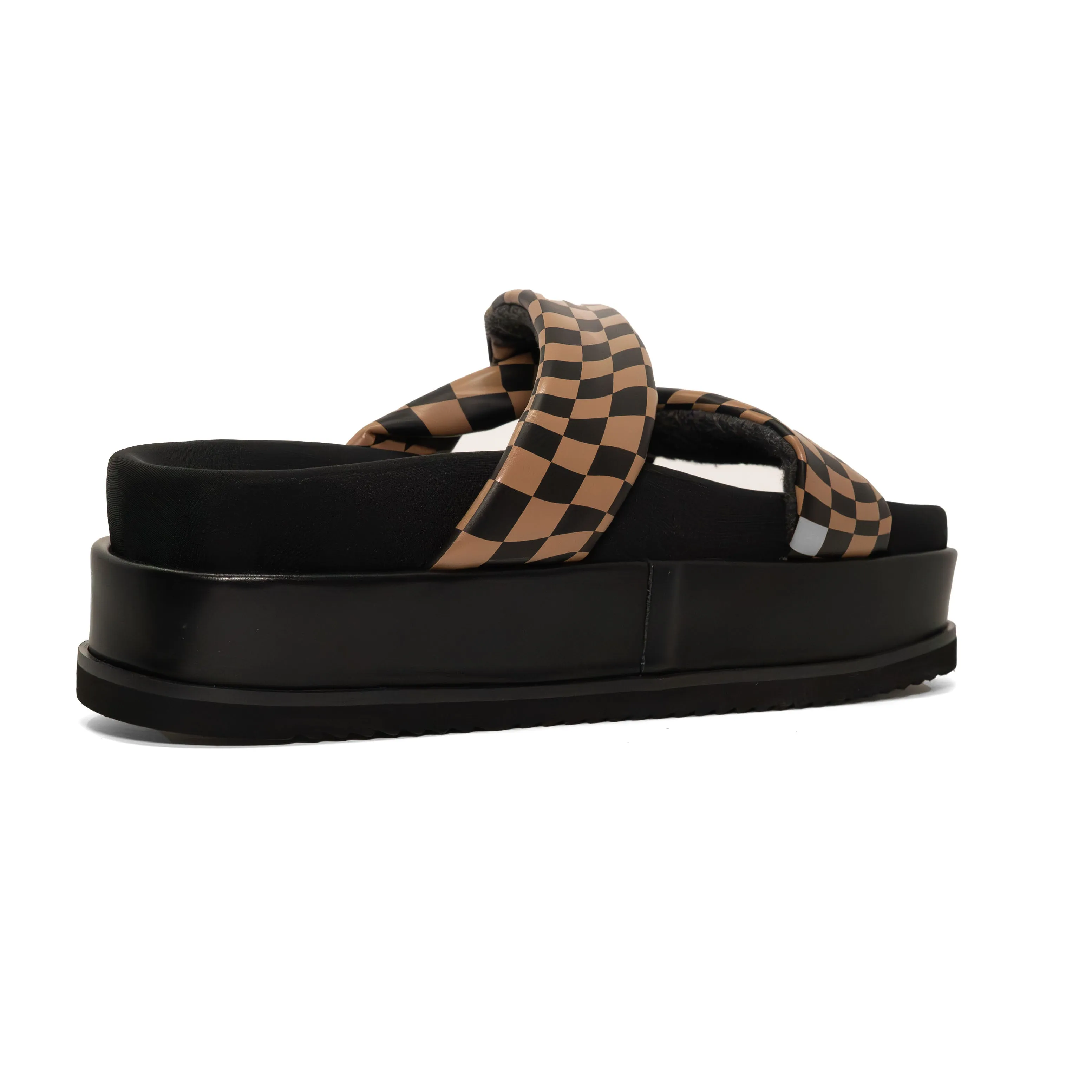ROAM WAVY CHECK SIDE SLIP STACK PLATFORM BLACK & BEIGE VEGAN LEATHER