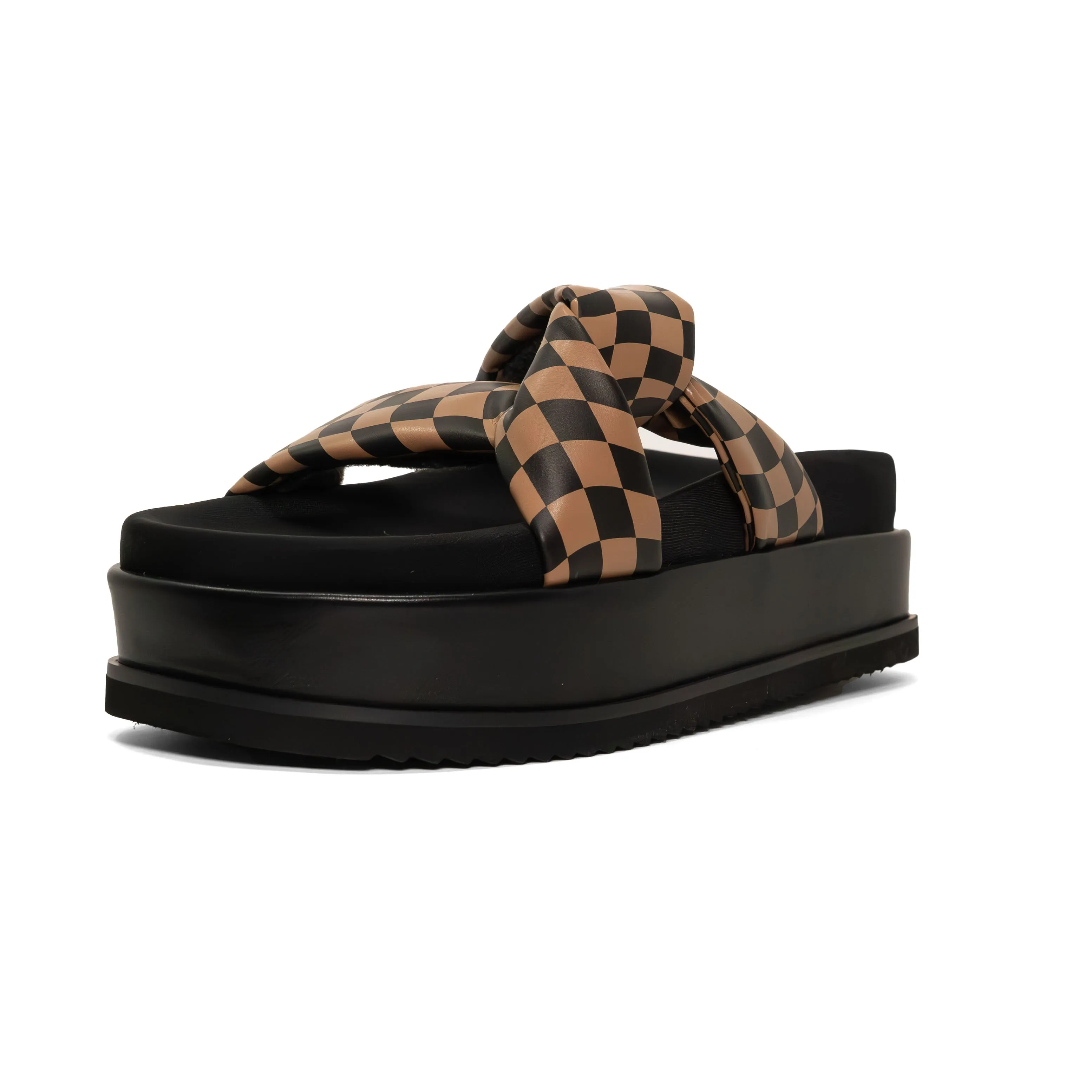 ROAM WAVY CHECK SIDE SLIP STACK PLATFORM BLACK & BEIGE VEGAN LEATHER