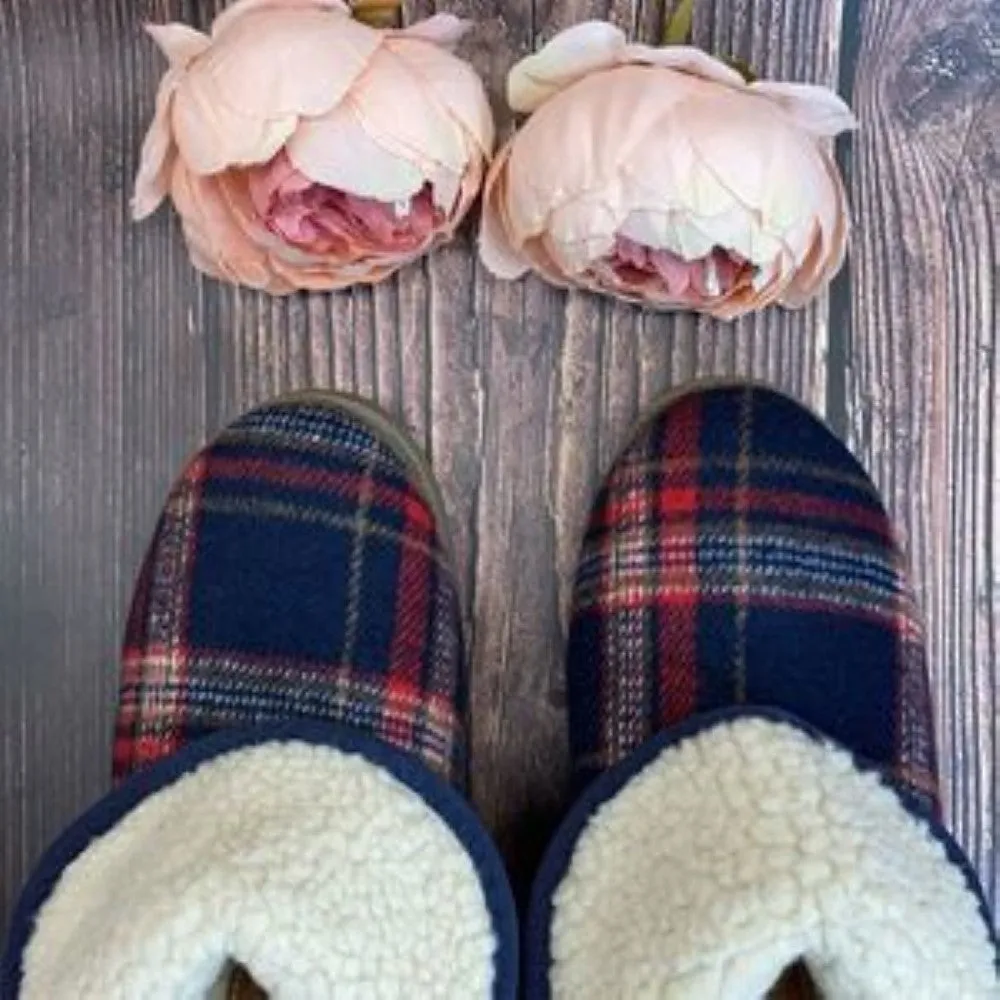 Rockport Plaid Fabric W/Faux-Fur Lining Slippers 6M