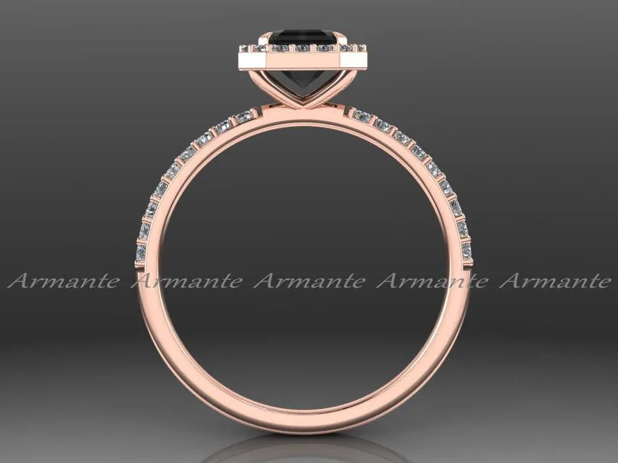 Rose Gold, Black Diamond Emerald Cut Engagement Ring