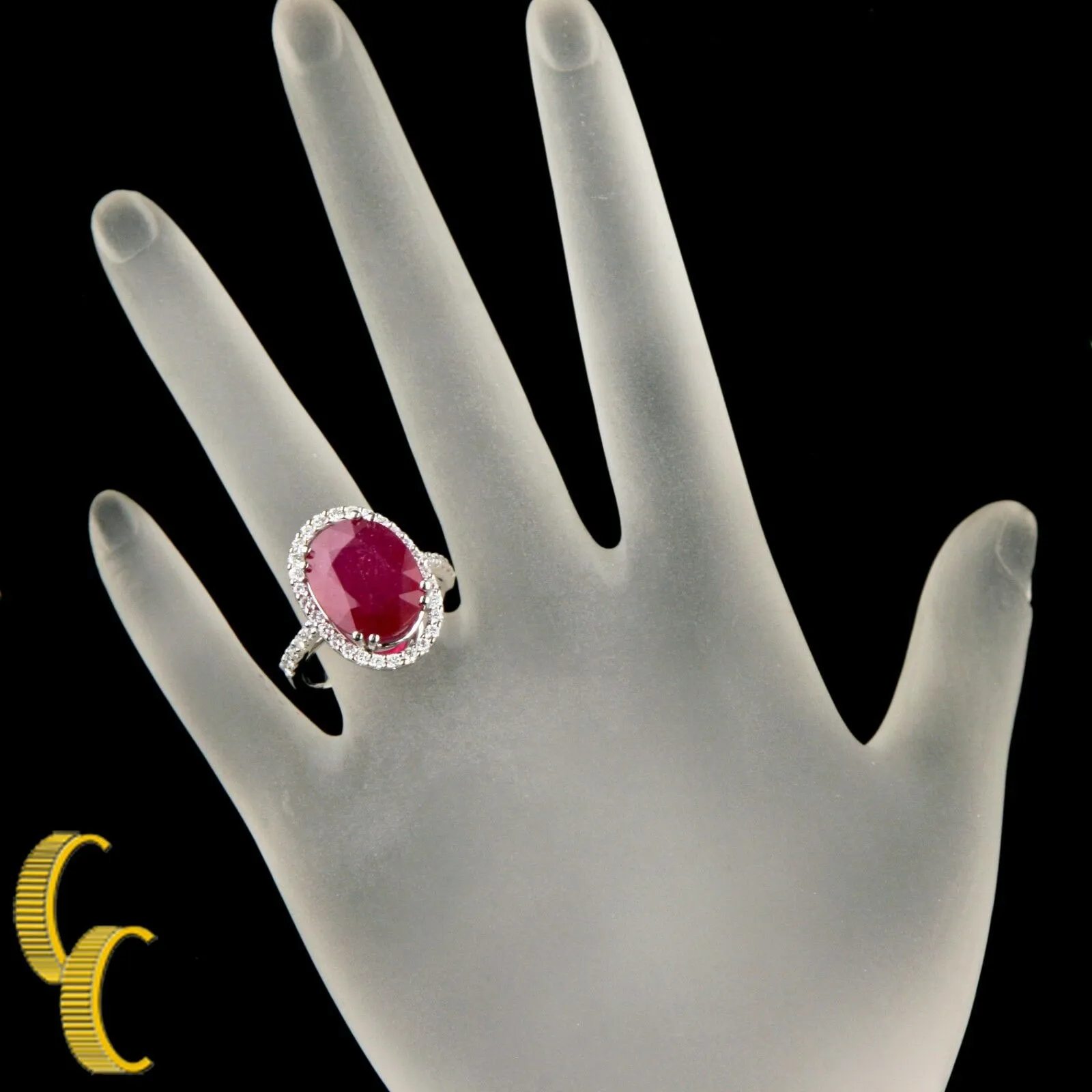 Ruby Solitaire 14k White Gold Cocktail Ring w/ Diamond Accents Size 7