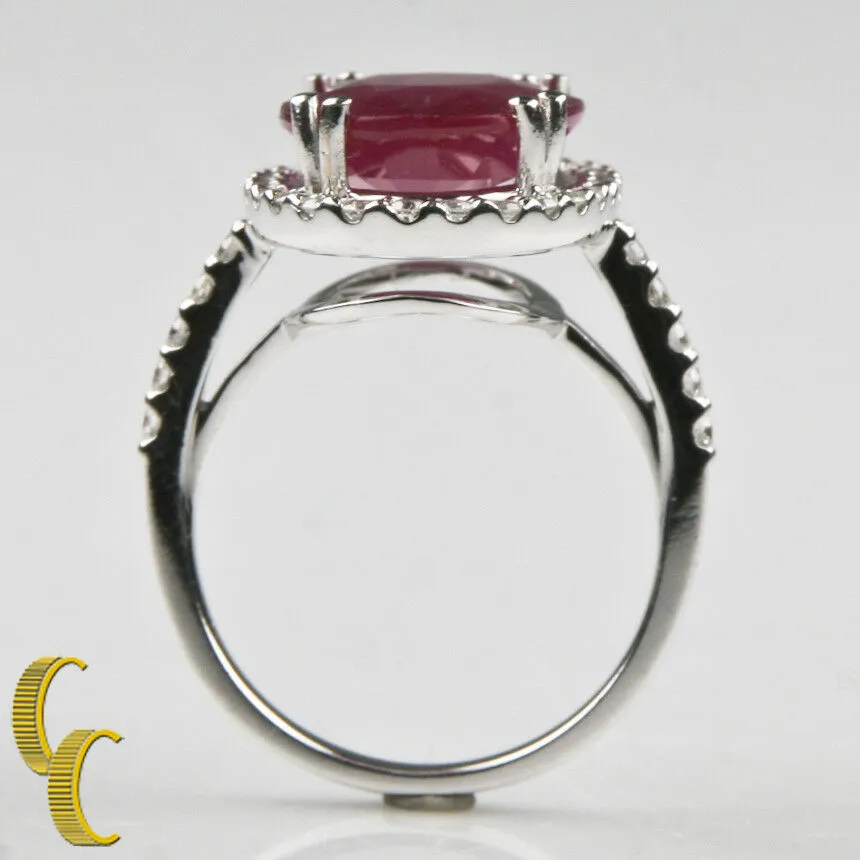 Ruby Solitaire 14k White Gold Cocktail Ring w/ Diamond Accents Size 7