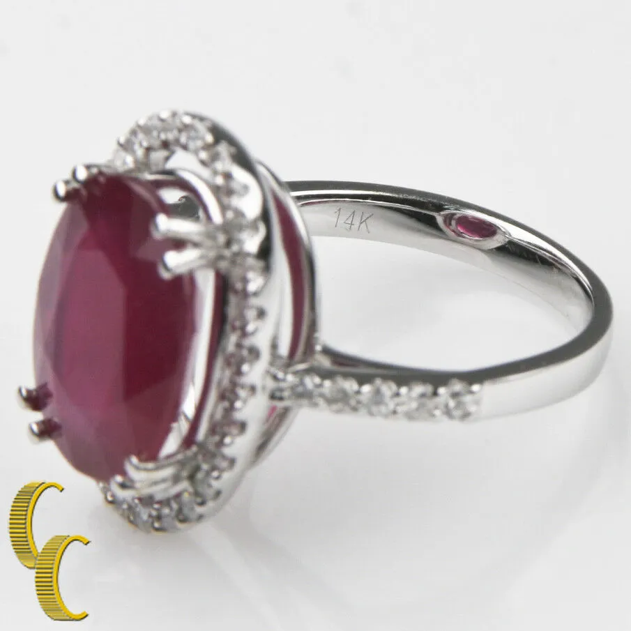 Ruby Solitaire 14k White Gold Cocktail Ring w/ Diamond Accents Size 7