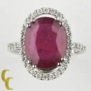 Ruby Solitaire 14k White Gold Cocktail Ring w/ Diamond Accents Size 7