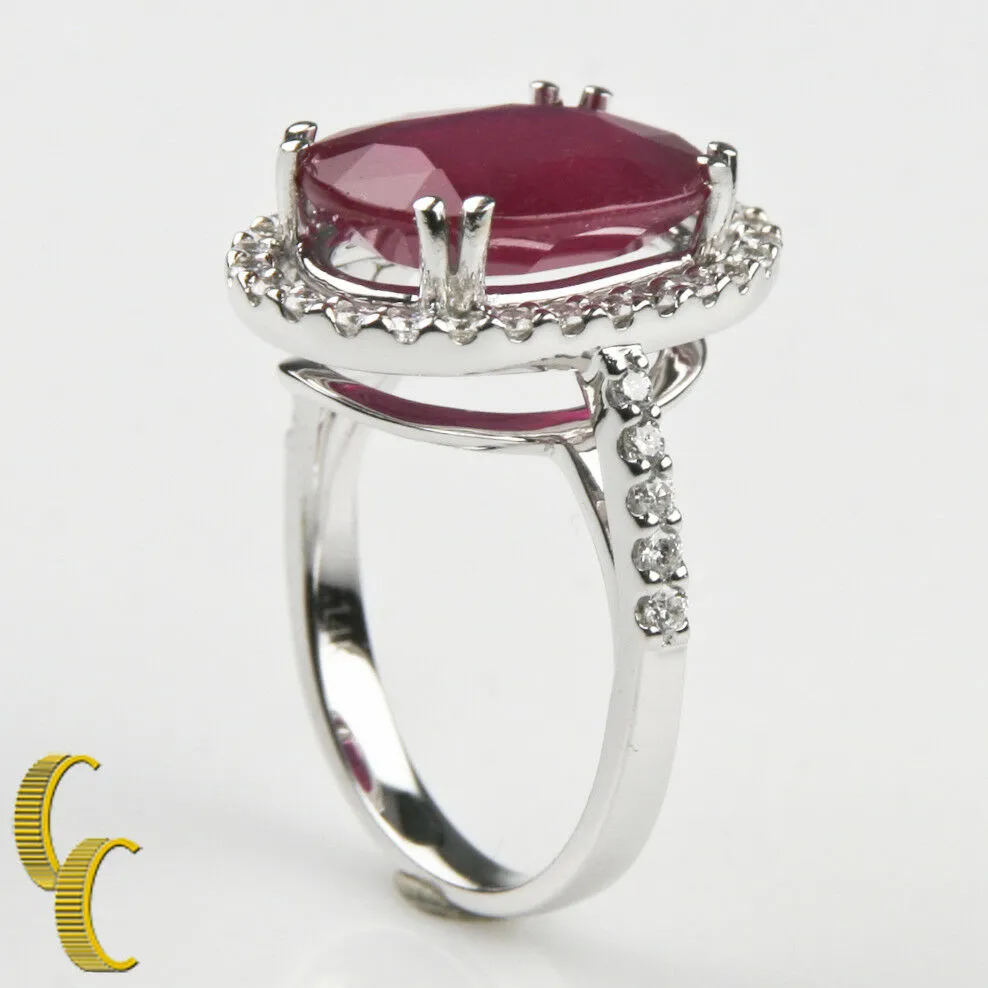 Ruby Solitaire 14k White Gold Cocktail Ring w/ Diamond Accents Size 7