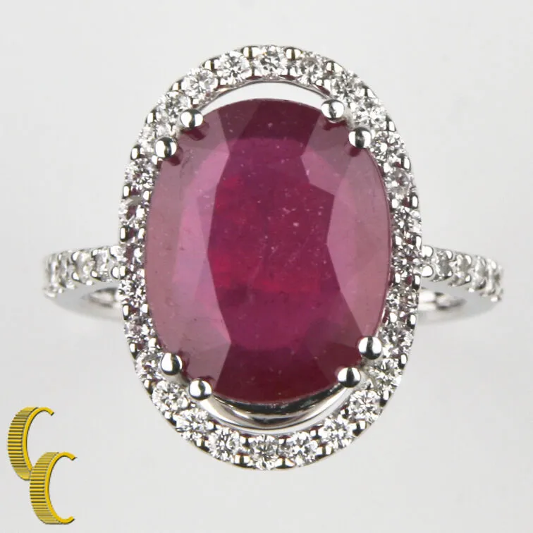 Ruby Solitaire 14k White Gold Cocktail Ring w/ Diamond Accents Size 7