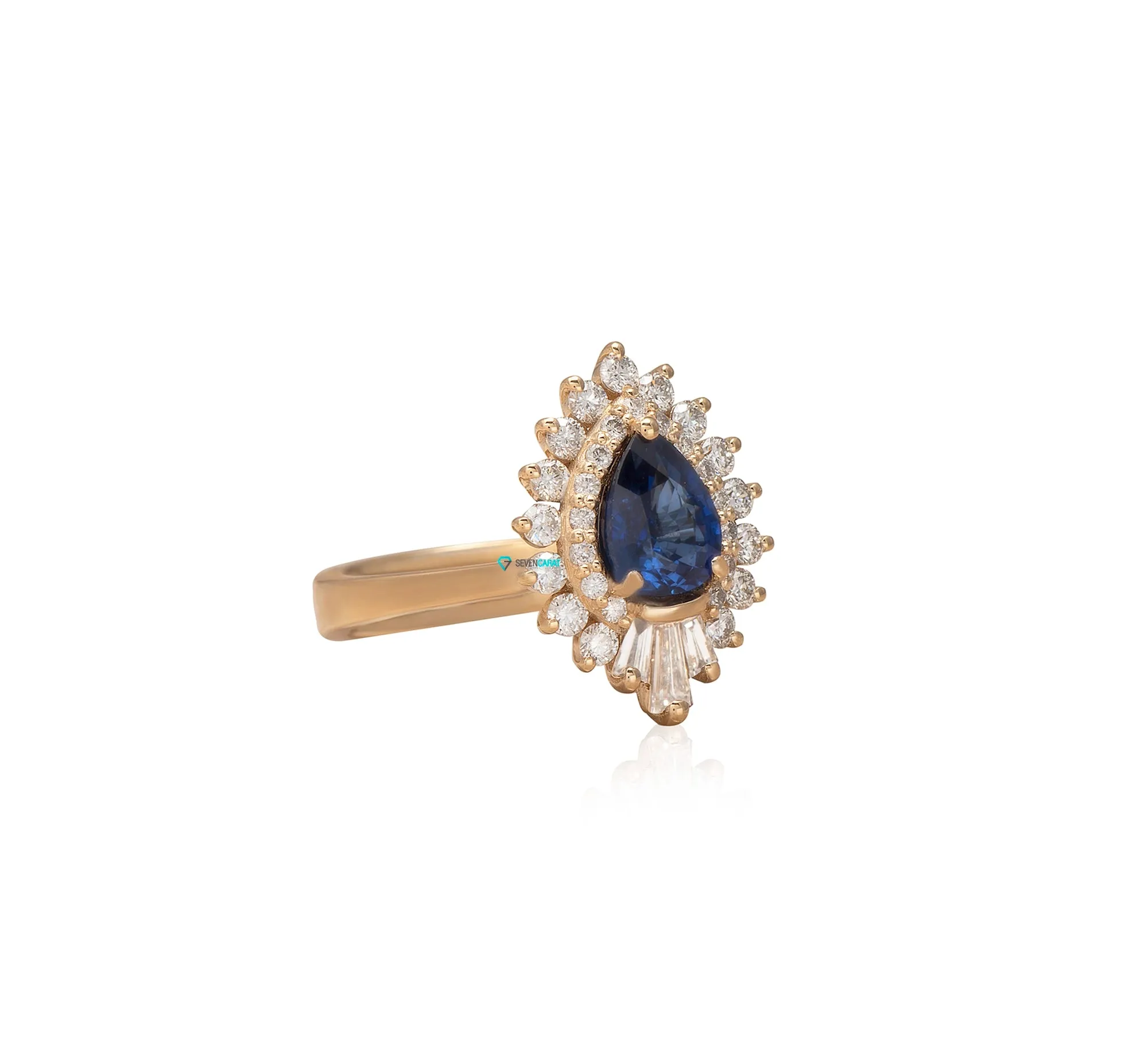 Sapphire vintage  engagement ring 14K yellow gold with baguette diamonds