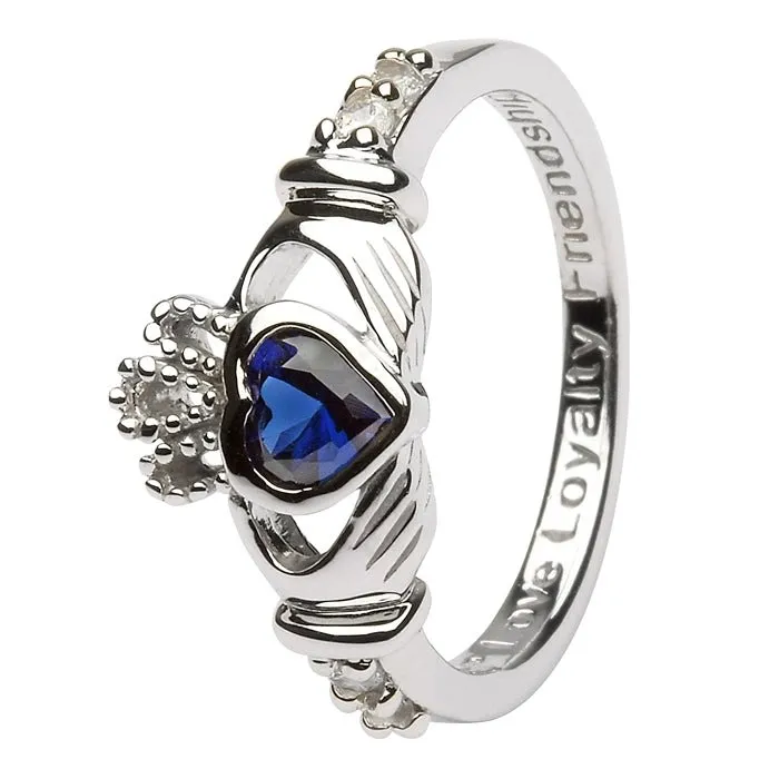 SEPTEMBER Birthstone Silver Claddagh Ring LS-SL90-9 Inscribed with "Love Loyalty Friendship"
