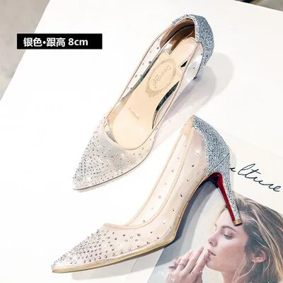 Sequin Pointed High Heels Women's Stiletto Lace