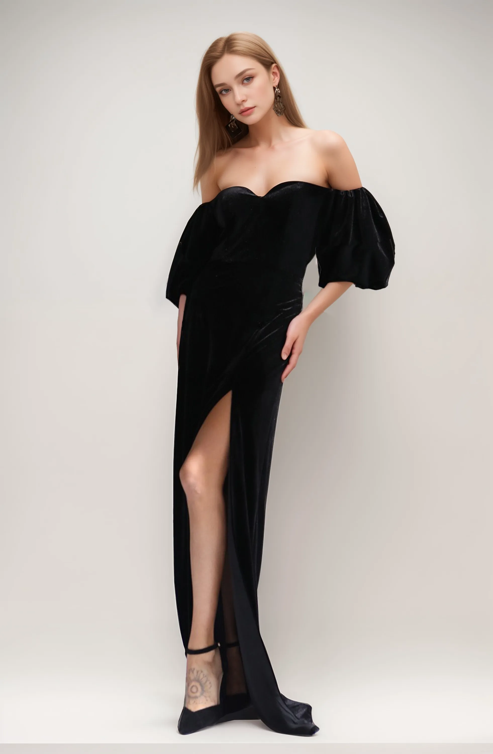 Sexy Puff 3/4 Sleeves Off-the-Shoulder Sheath Thigh Slit Velvet Dress