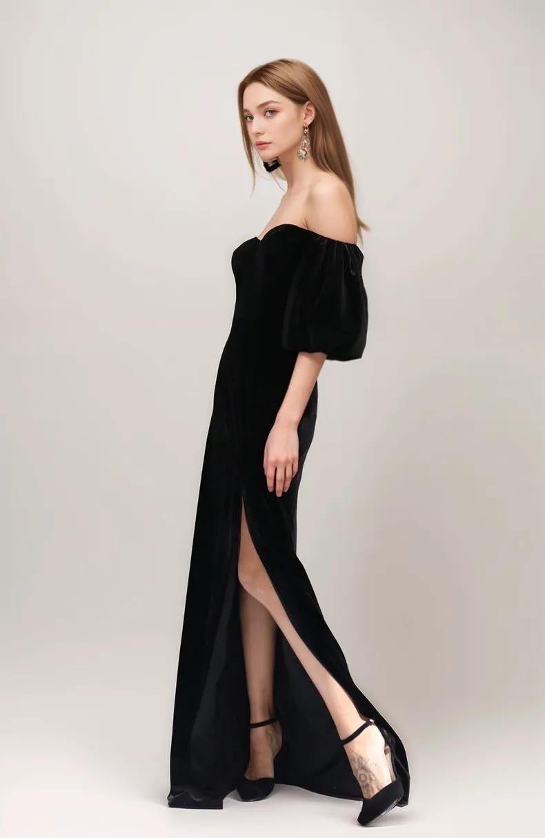 Sexy Puff 3/4 Sleeves Off-the-Shoulder Sheath Thigh Slit Velvet Dress