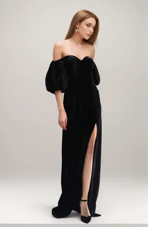 Sexy Puff 3/4 Sleeves Off-the-Shoulder Sheath Thigh Slit Velvet Dress