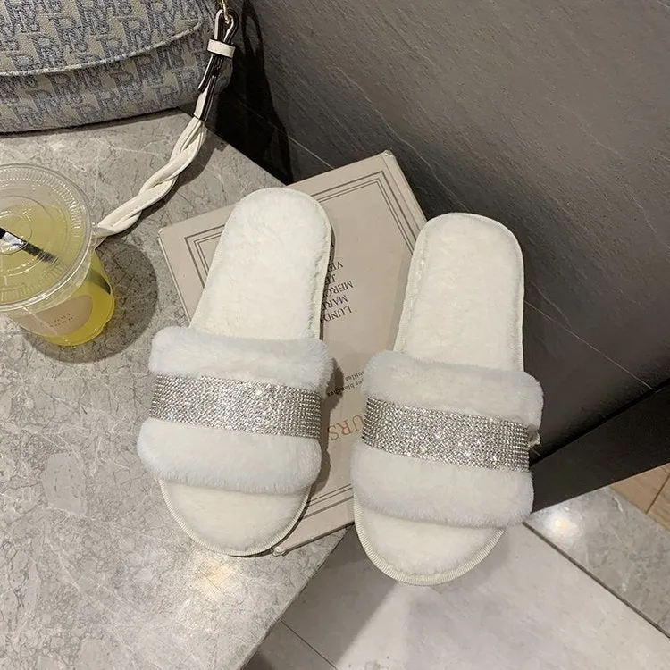 Shiny Rhinestone Luxury Fur Slippers