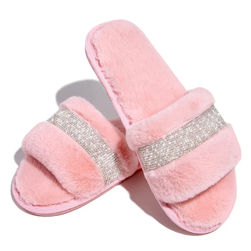 Shiny Rhinestone Luxury Fur Slippers