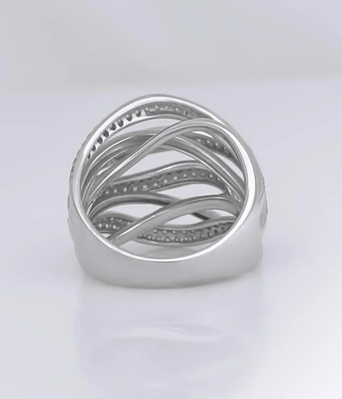 SIMON G. 18k WHITE GOLD 1.18ct VS ROUND DIAMOND CLUSTER WIDE WAVE COCKTAIL RING