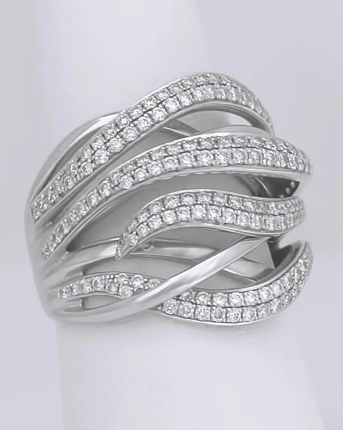 SIMON G. 18k WHITE GOLD 1.18ct VS ROUND DIAMOND CLUSTER WIDE WAVE COCKTAIL RING