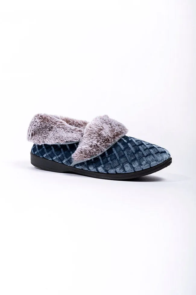 Sinead Ocean Blue Velour Faux Fur Cuff Slipper