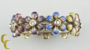 SJS Daisy Diamond 14k Yellow Gold & Hand-Painted Enamel Ring Size 6