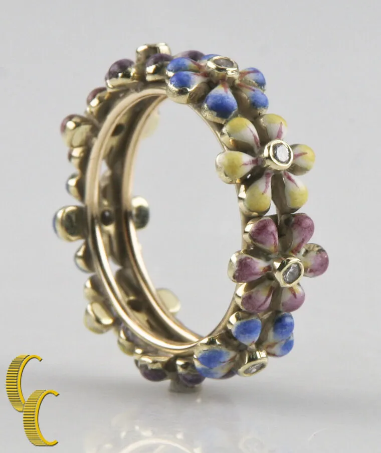 SJS Daisy Diamond 14k Yellow Gold & Hand-Painted Enamel Ring Size 6