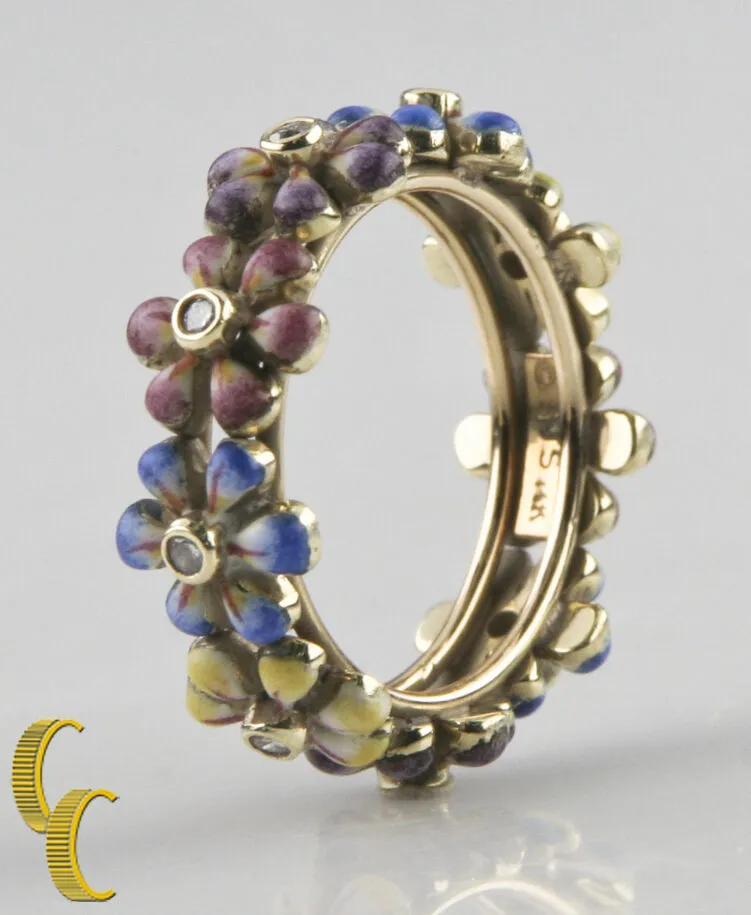 SJS Daisy Diamond 14k Yellow Gold & Hand-Painted Enamel Ring Size 6