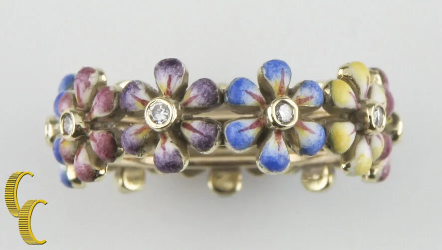 SJS Daisy Diamond 14k Yellow Gold & Hand-Painted Enamel Ring Size 6