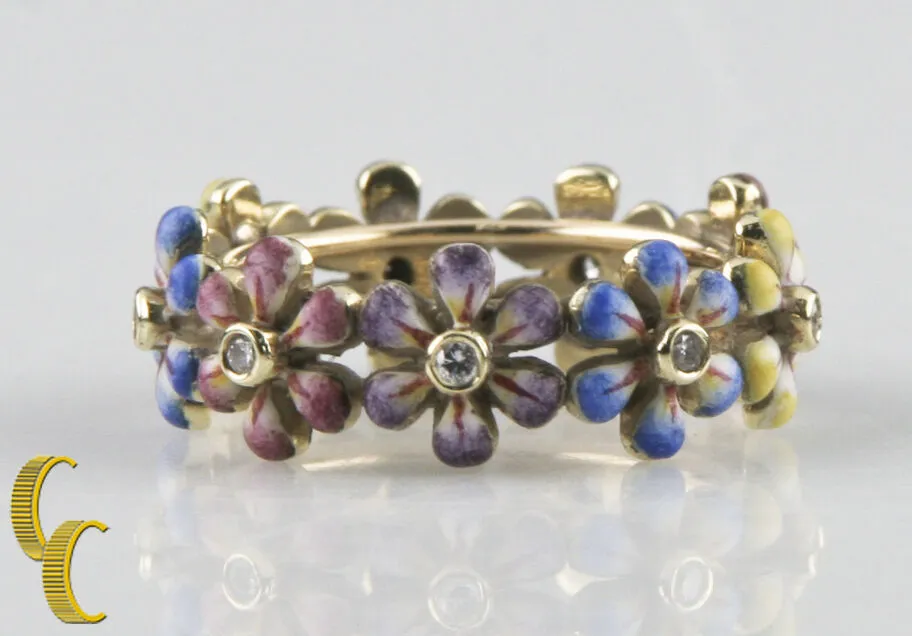 SJS Daisy Diamond 14k Yellow Gold & Hand-Painted Enamel Ring Size 6