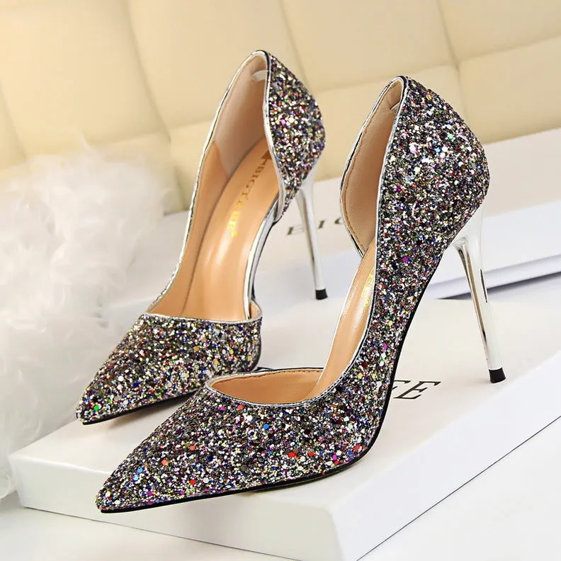 Skinny Women's Shoes Stiletto Heel Shallow Mouth Pointed Side Hollow-out Sequin