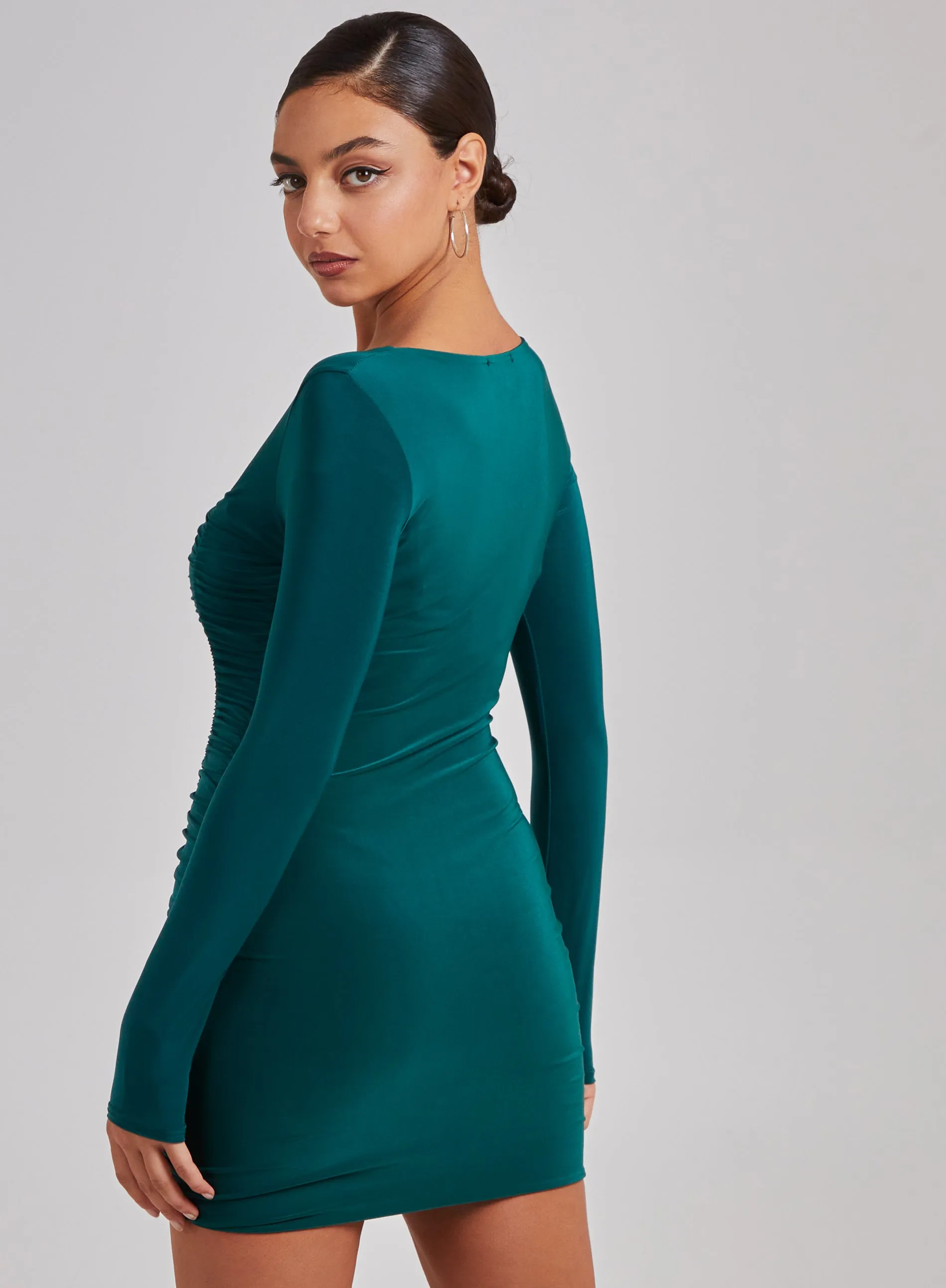 Square Neck Long Sleeve Gathered Mini Dress