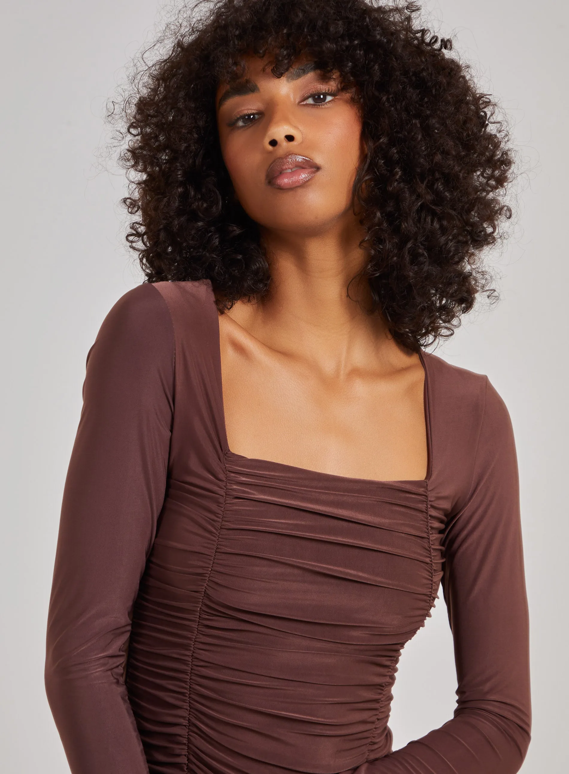 Square Neck Long Sleeve Gathered Mini Dress