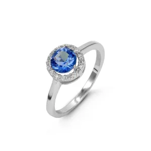 Sterling Silver Rhodium Plated Halo CZ September Birthstone Ring