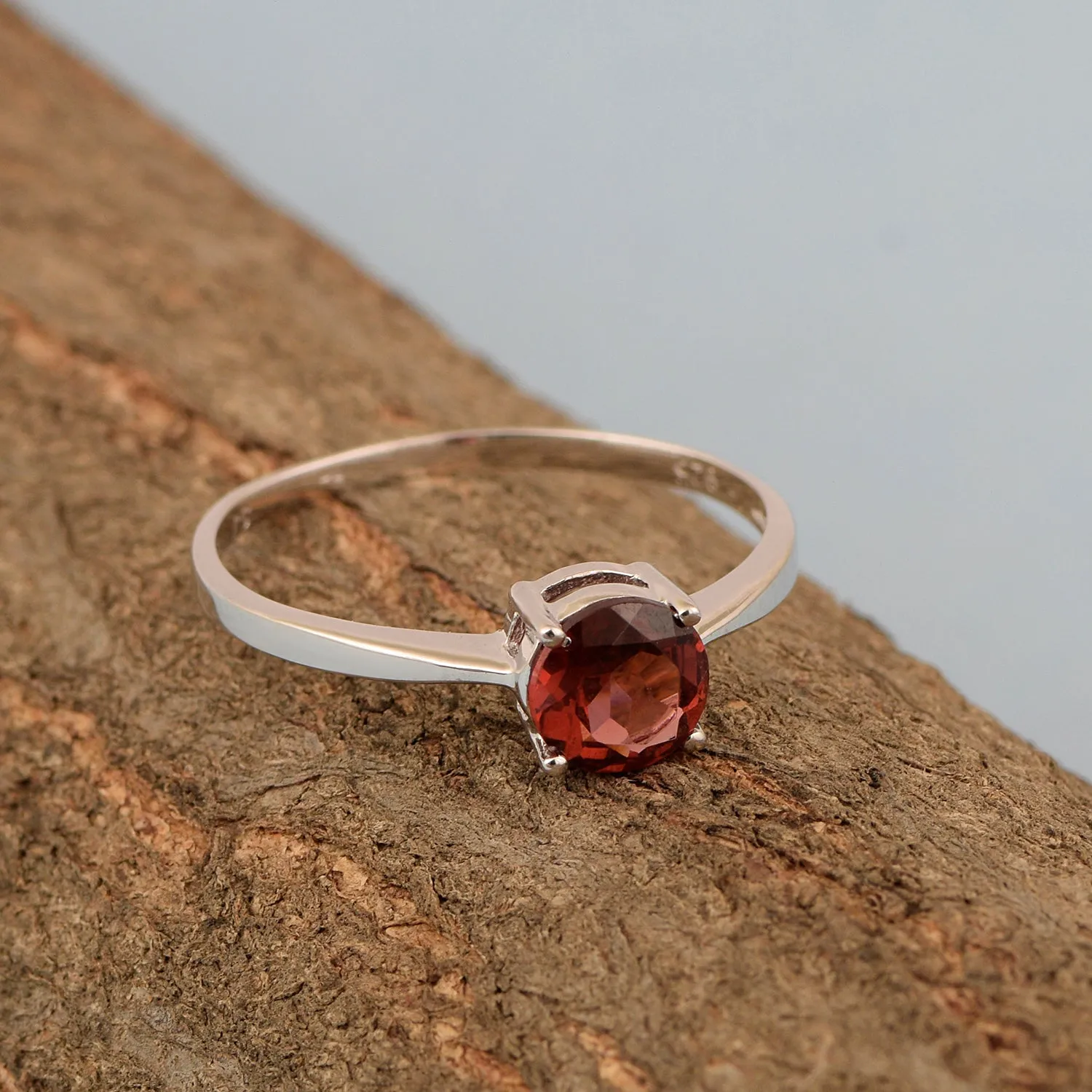 Sterling Silver Round 6 MM Red Garnet Natural Gemstone Solitaire Ring