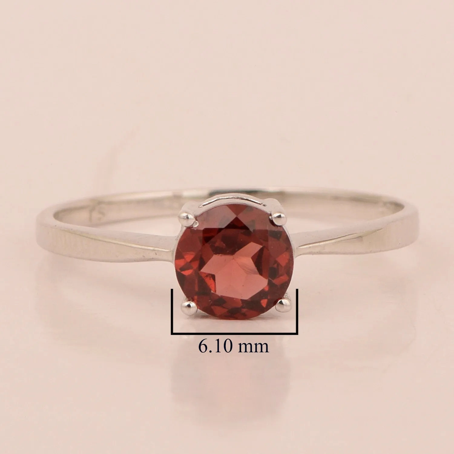 Sterling Silver Round 6 MM Red Garnet Natural Gemstone Solitaire Ring