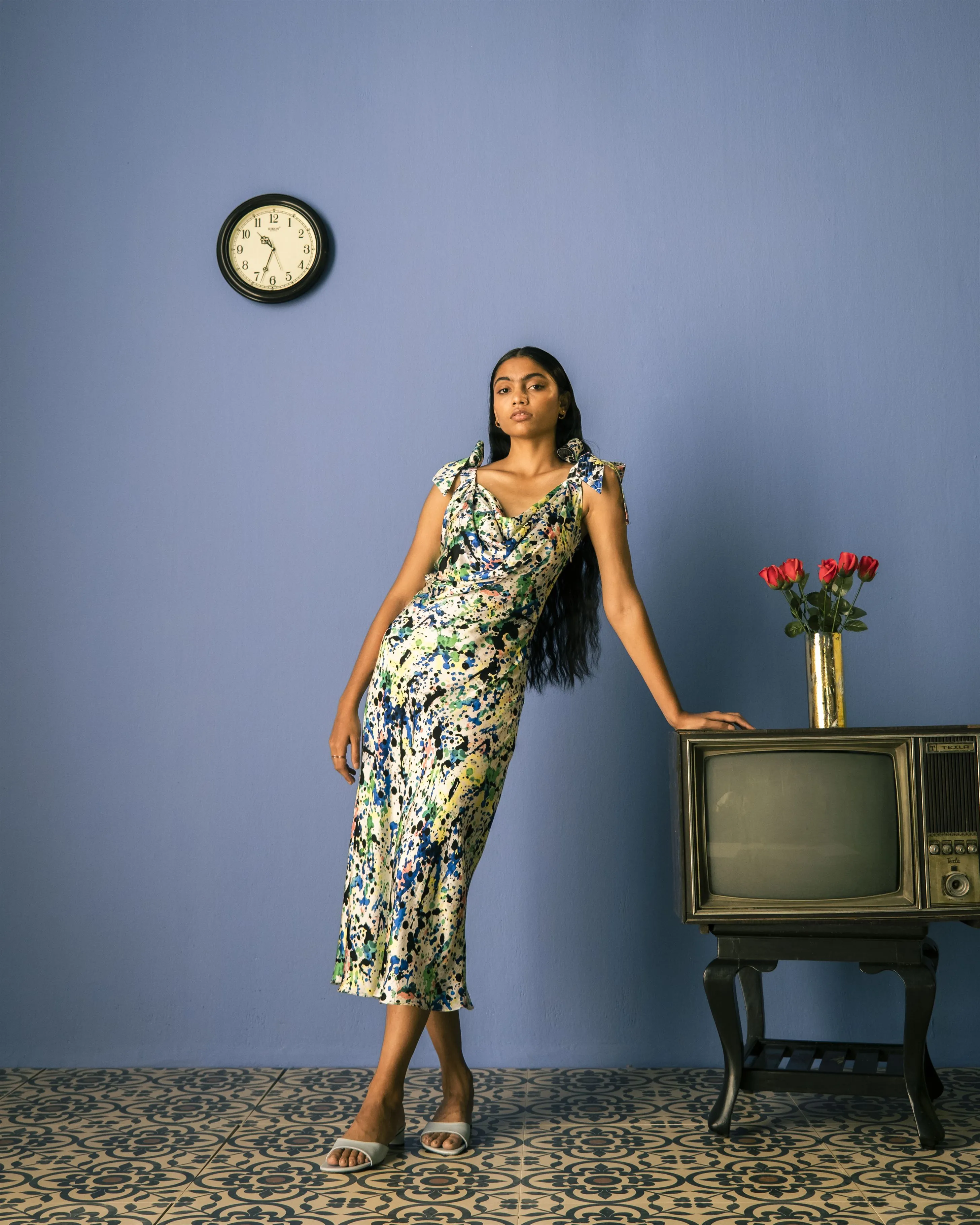 Studio Rigu   I   Splatter Strappy Knot Dress Digitally Printed Vegan Silk Dotted Print Srch031