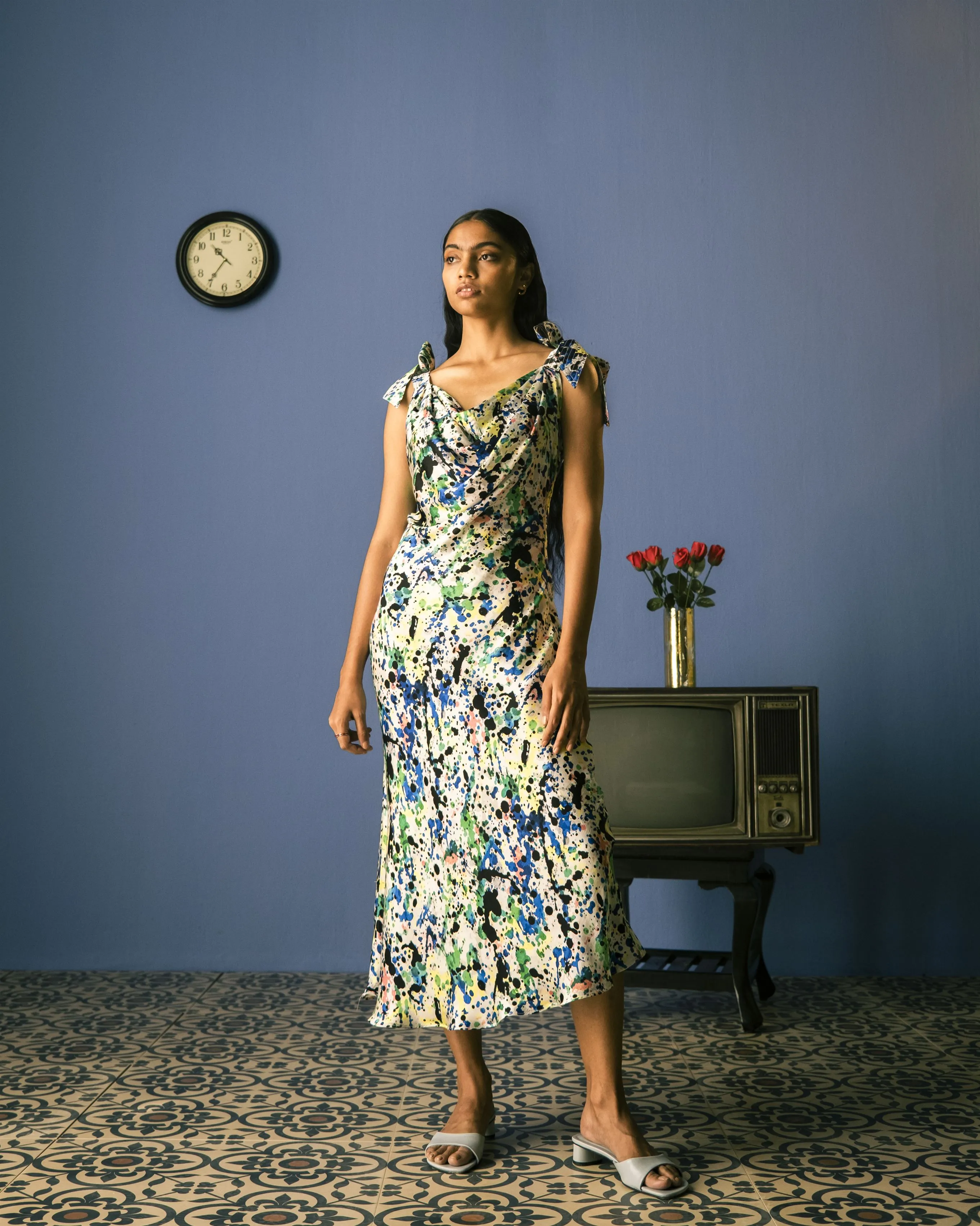 Studio Rigu   I   Splatter Strappy Knot Dress Digitally Printed Vegan Silk Dotted Print Srch031