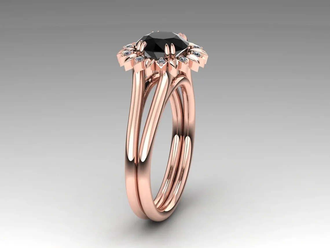 Sun Flower Black Diamond Engagement Ring, In Rose Gold