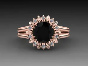 Sun Flower Black Diamond Engagement Ring, In Rose Gold