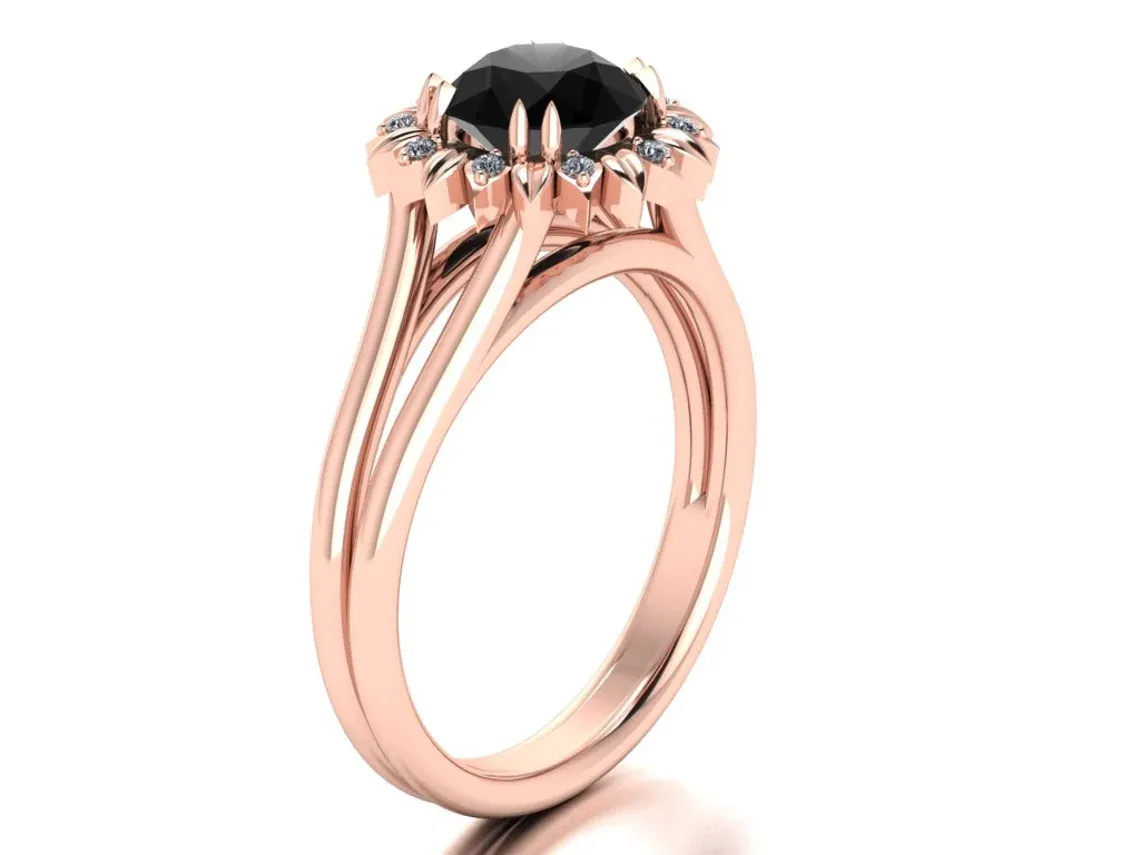 Sun Flower Black Diamond Engagement Ring, In Rose Gold