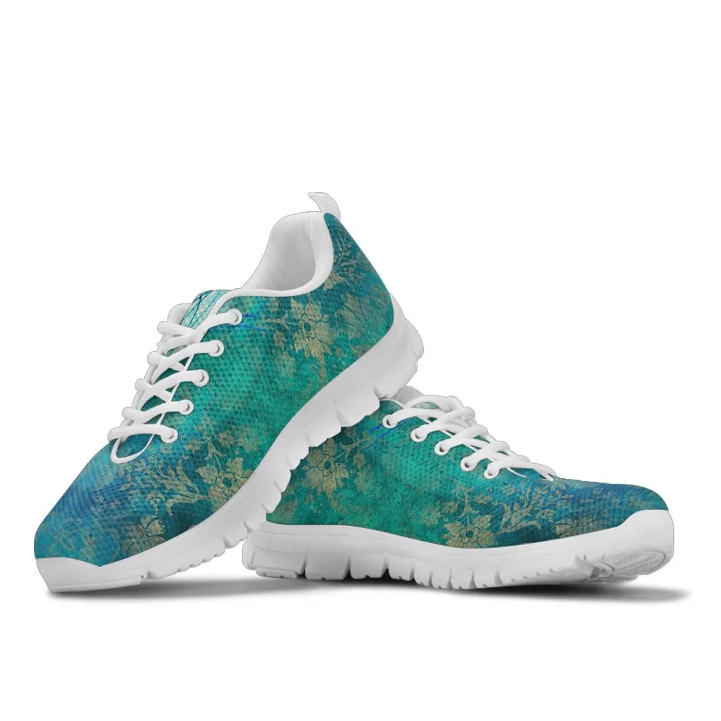 Teal Peacock Feathers White Sneakers