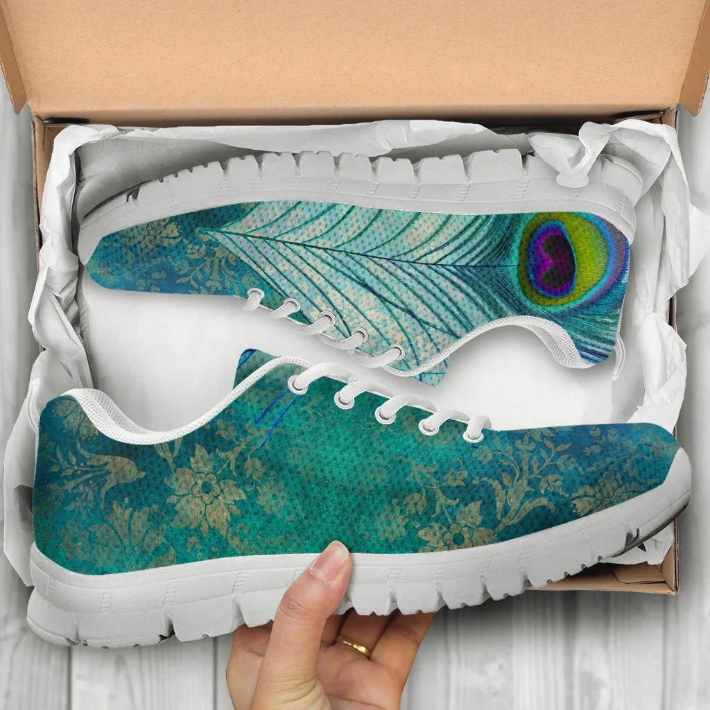 Teal Peacock Feathers White Sneakers