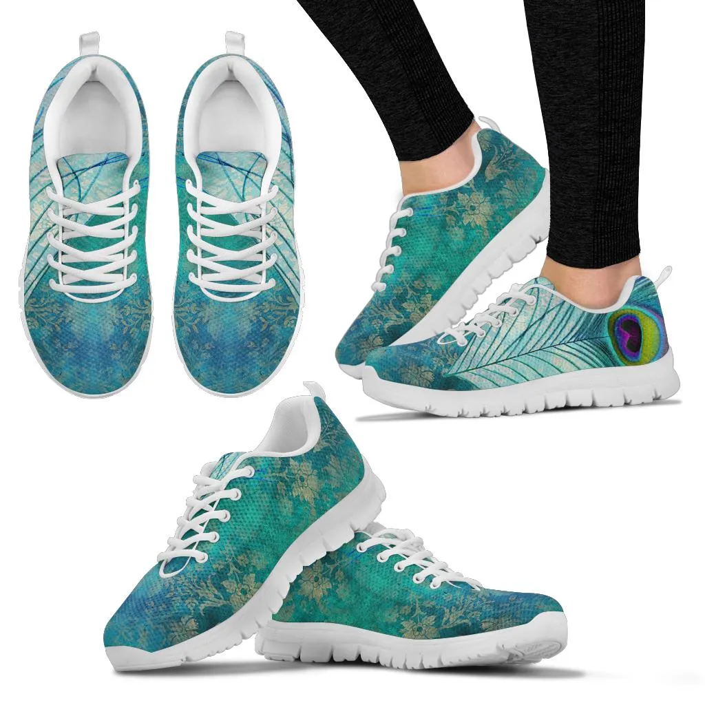 Teal Peacock Feathers White Sneakers