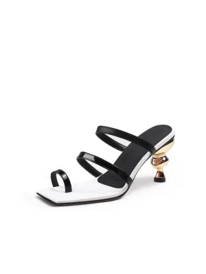 Toe-Strap Metallic Heel Leather Sandal - White